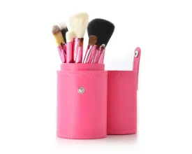 12 Pcs Professional Makeup Brush Set with Cup Holder - Pink