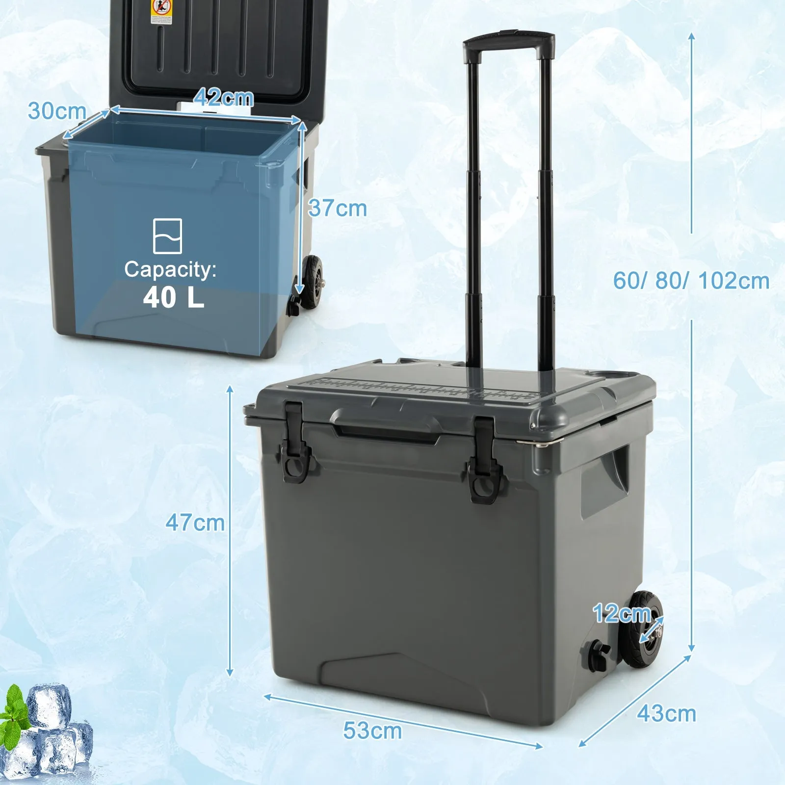 40 L Ice Chest Hard Cooler with Wheels and Handle-Grey