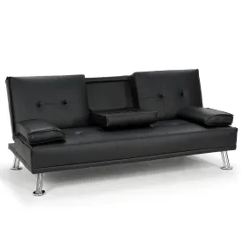 Black Faux Leather Sofa Bed Lounge with Cup Holders, Adjustable Armrests - Sarantino