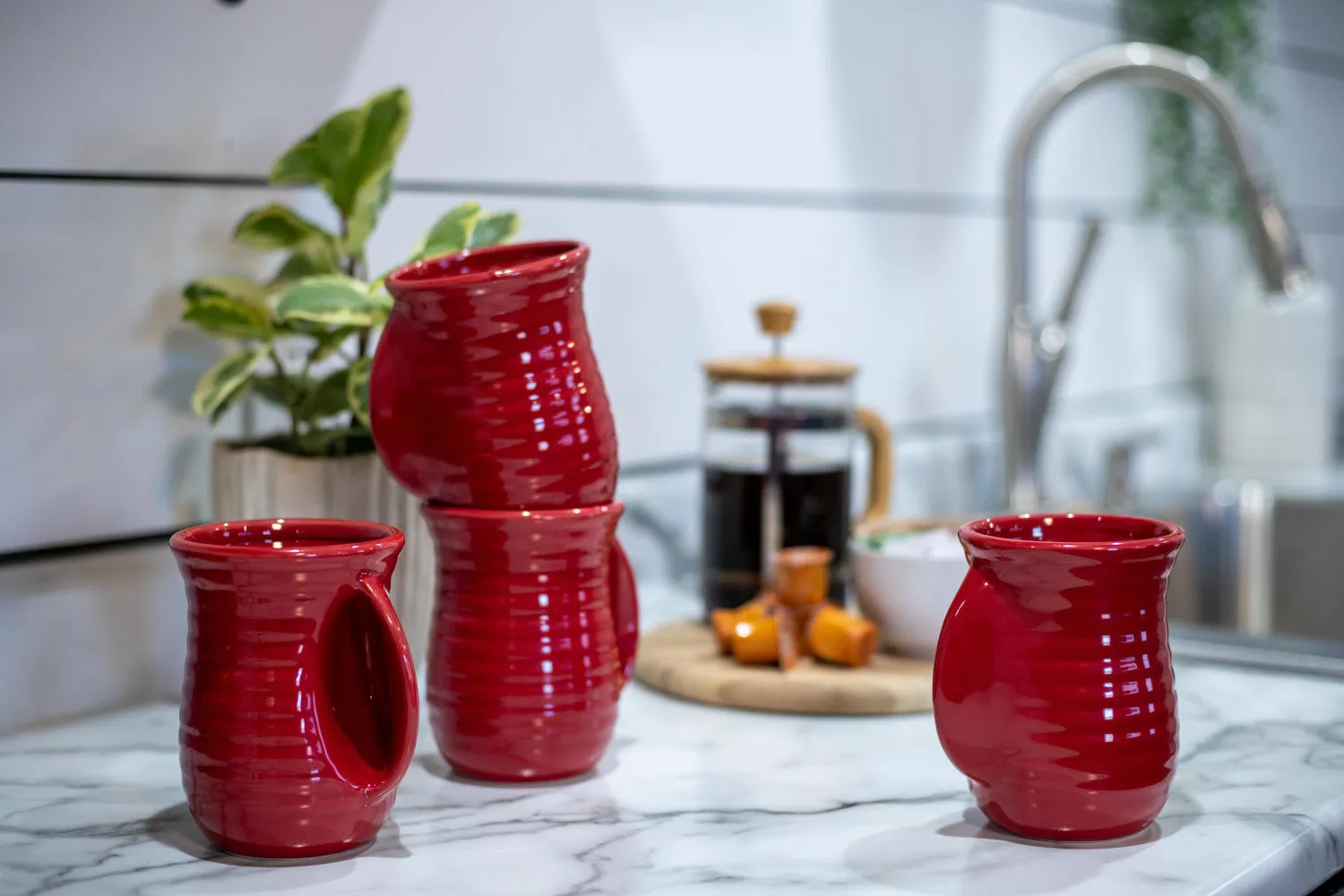 Elanze Designs Ribbed Solid Christmas Red 14 ounce Ceramic Handwarmer Mugs Set of 4