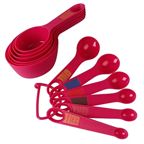 INKULTURE Plastic Measuring Cups and Spoon Set with Ring Holder, 12 Piece Set, Pink