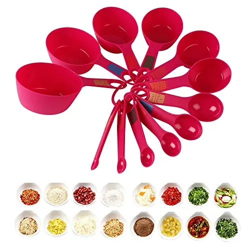 INKULTURE Plastic Measuring Cups and Spoon Set with Ring Holder, 12 Piece Set, Pink