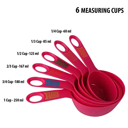 INKULTURE Plastic Measuring Cups and Spoon Set with Ring Holder, 12 Piece Set, Pink