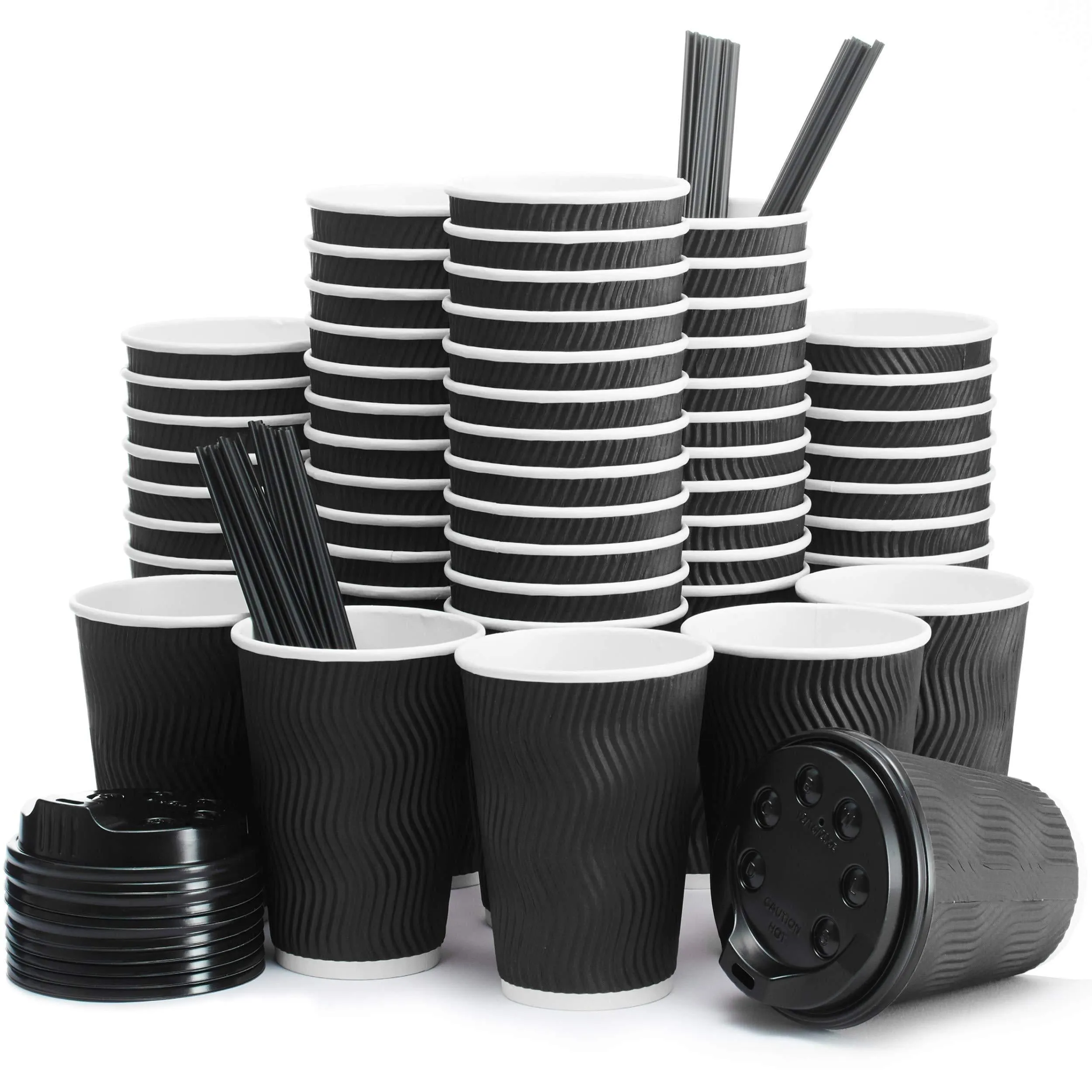 Insulated Disposable Coffee Cups with Lids & Straws 12 oz 100 Packs Black Cups