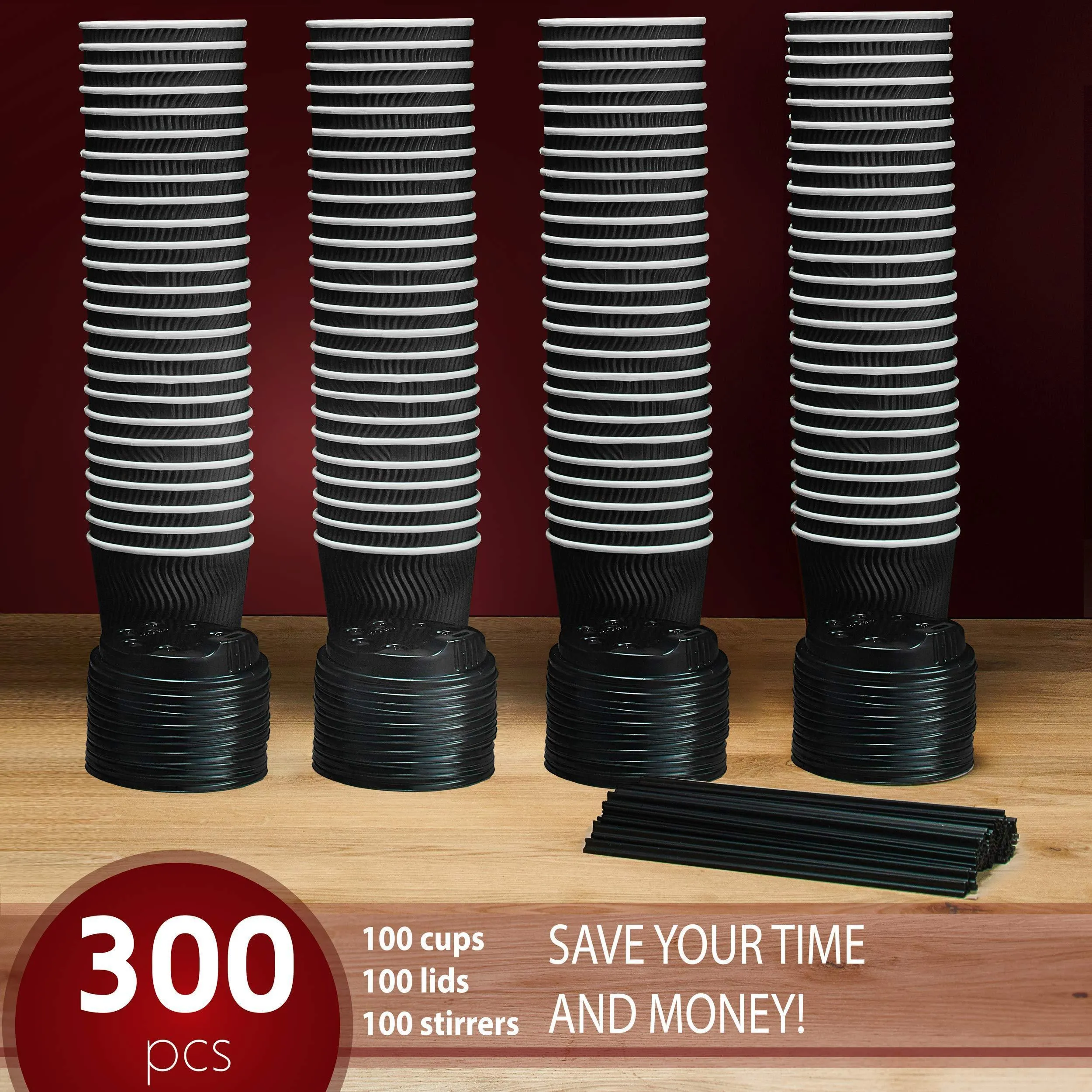 Insulated Disposable Coffee Cups with Lids & Straws 12 oz 100 Packs Black Cups