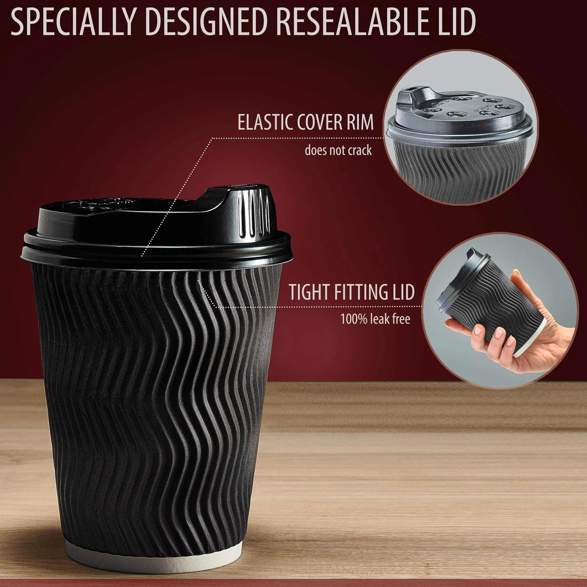 Insulated Disposable Coffee Cups with Lids & Straws 12 oz 100 Packs Black Cups