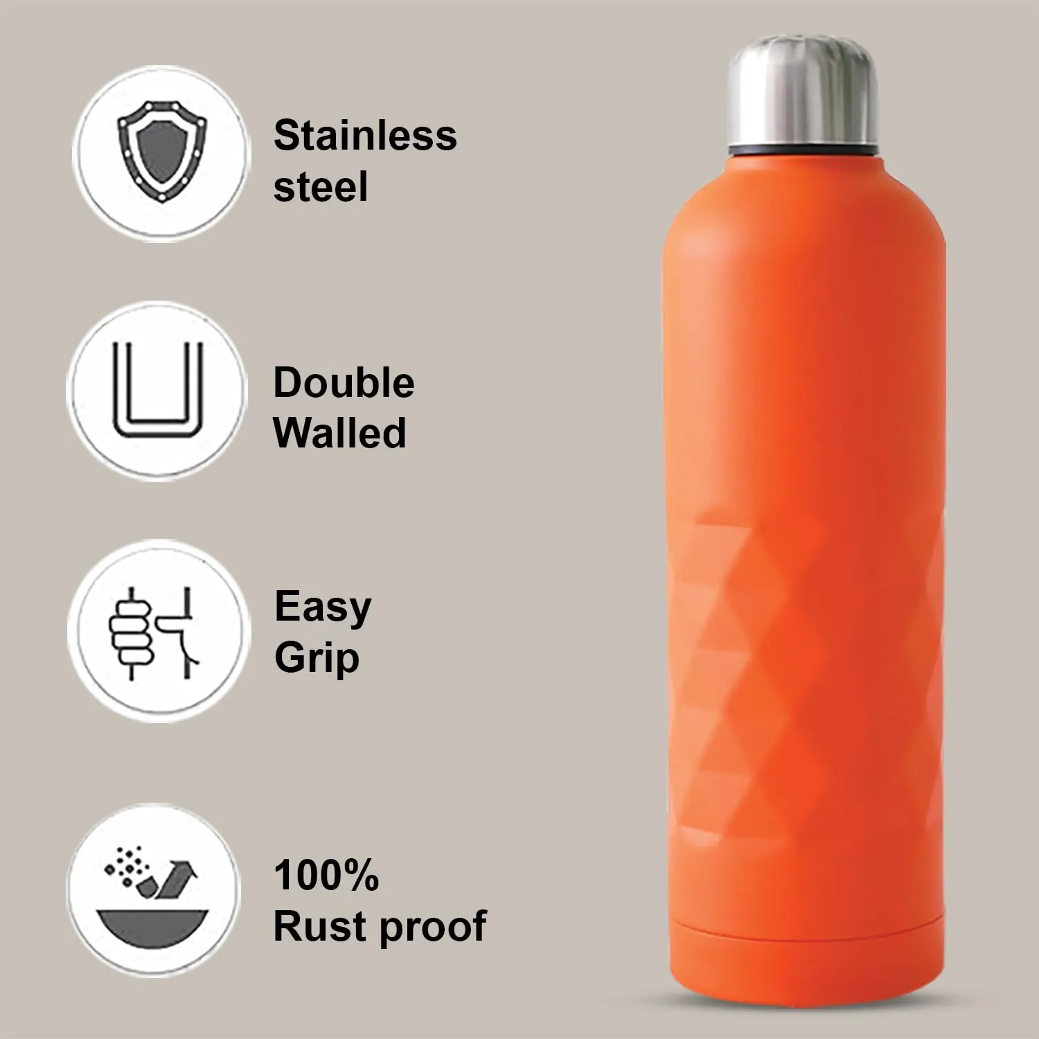 Kuber Industries Pack of 3 Vacuum Insulated Water Bottle | Stainless Steel Water Bottle | Hot & Cold Water Bottle | Leakproof, BPA Free, Rustproof | 750 ML | Orange