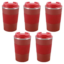 Kuber Industries Stainless Steel Insulated Coffee Mug with Sleeve|Travel Coffee Mug 380 ML-Pack of 5|Red|