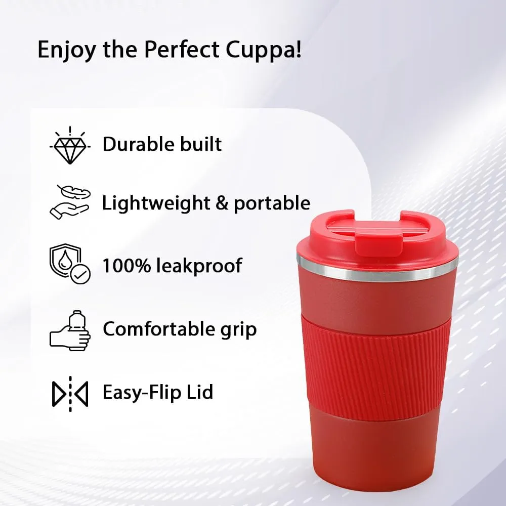 Kuber Industries Stainless Steel Insulated Coffee Mug with Sleeve|Travel Coffee Mug 380 ML-Pack of 5|Red|