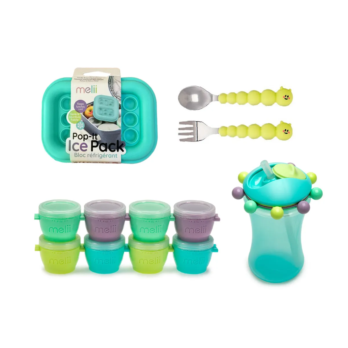 Melii Snap & Go Pods Baby Food Storage Container (4 oz, 8 pcs), Abacus Straw Sippy Cup (Turquoise, 340 ml), Silicone Caterpillar Spoon & Fork Set, Silicone Pop-It Ice Pack (Turquoise) - BPA Free, Durable, Fun Designs