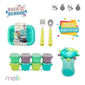 Melii Snap & Go Pods Baby Food Storage Container (4 oz, 8 pcs), Abacus Straw Sippy Cup (Turquoise, 340 ml), Silicone Caterpillar Spoon & Fork Set, Silicone Pop-It Ice Pack (Turquoise) - BPA Free, Durable, Fun Designs