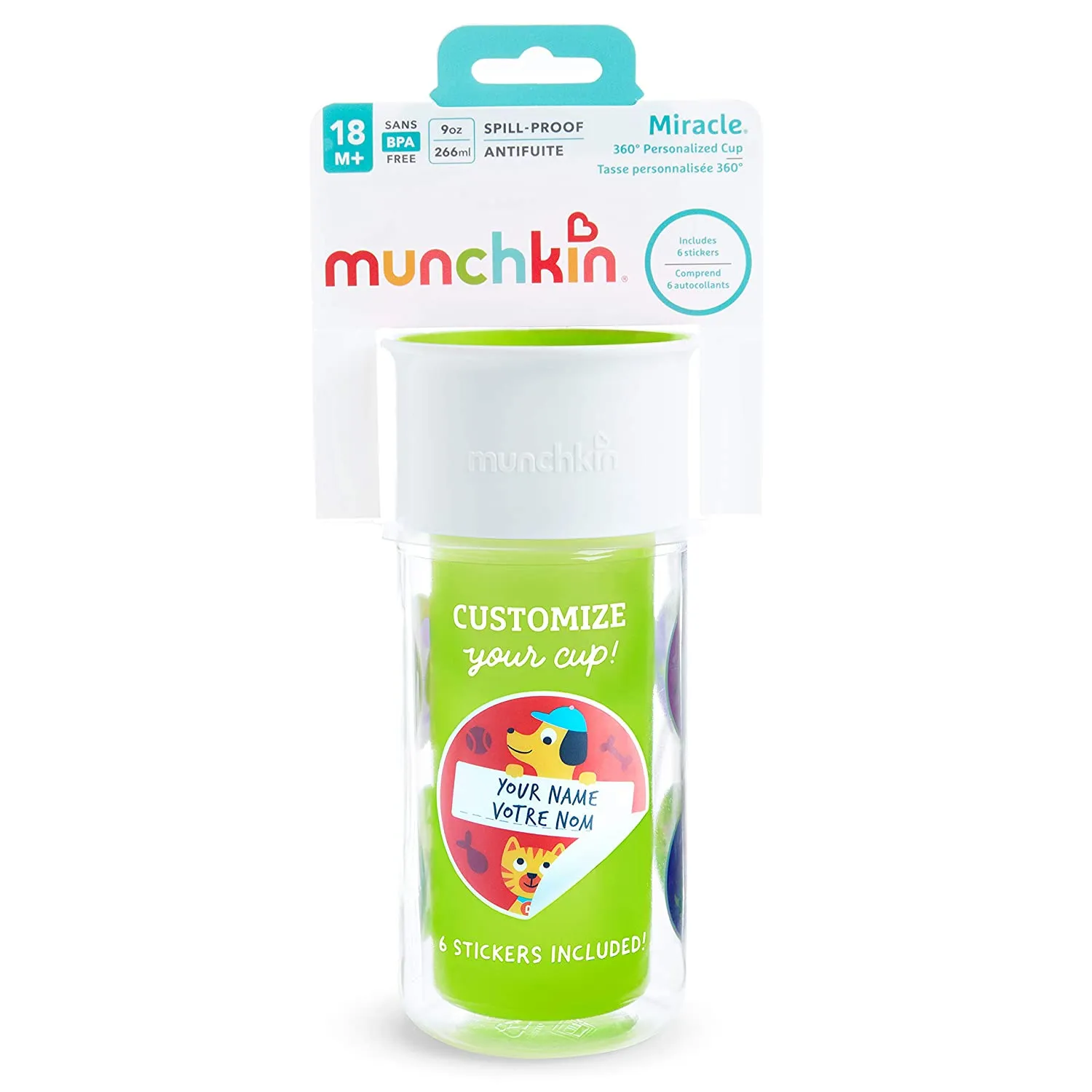 Munchkin Miracle 360 Insulated Sippy Cup, Includes Stickers to Customize Cup, 9 Ounce, Green