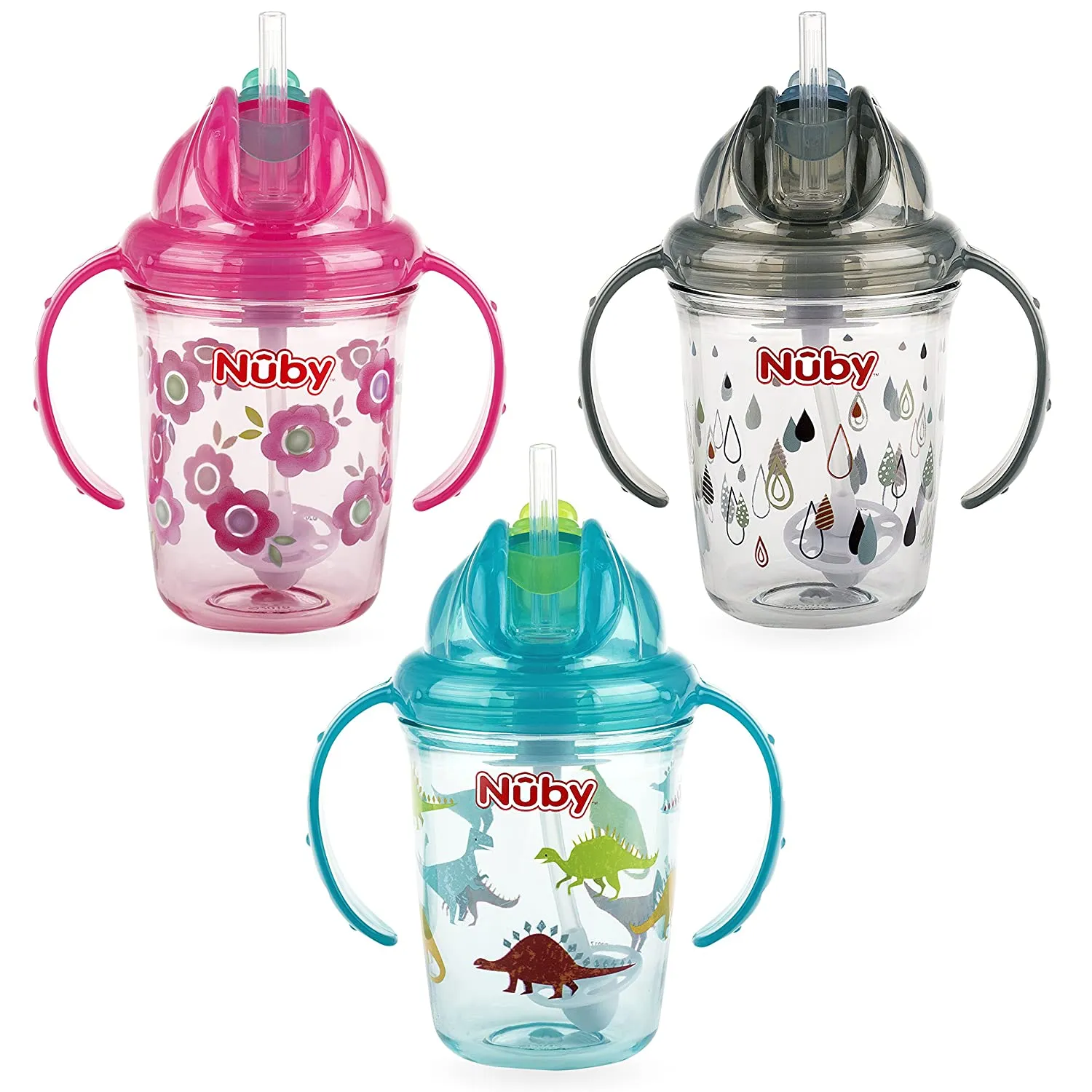 Nuby Tritan No Spill Flip N' Sip Twin Handle Printed Cup with 360 Weighted Straw Pink Flower