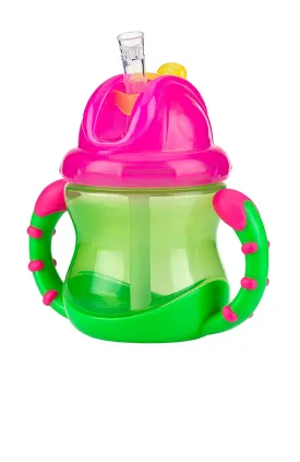 Nuby Two-Handle Flip N' Sip Straw Cup, 8 Ounce, Green with Pink