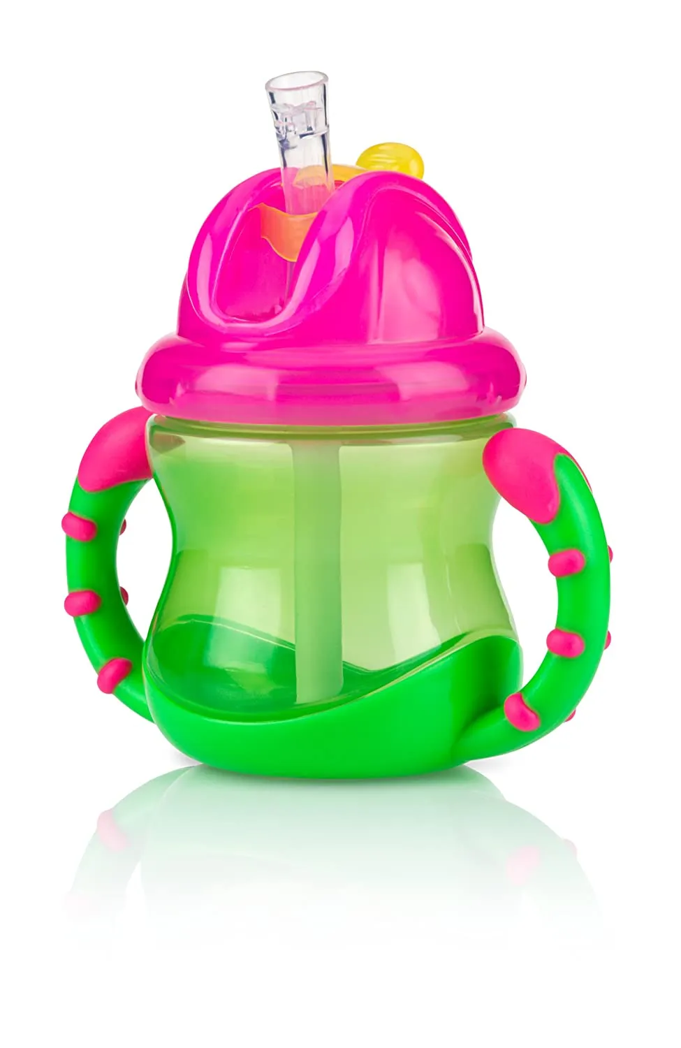 Nuby Two-Handle Flip N' Sip Straw Cup, 8 Ounce, Green with Pink