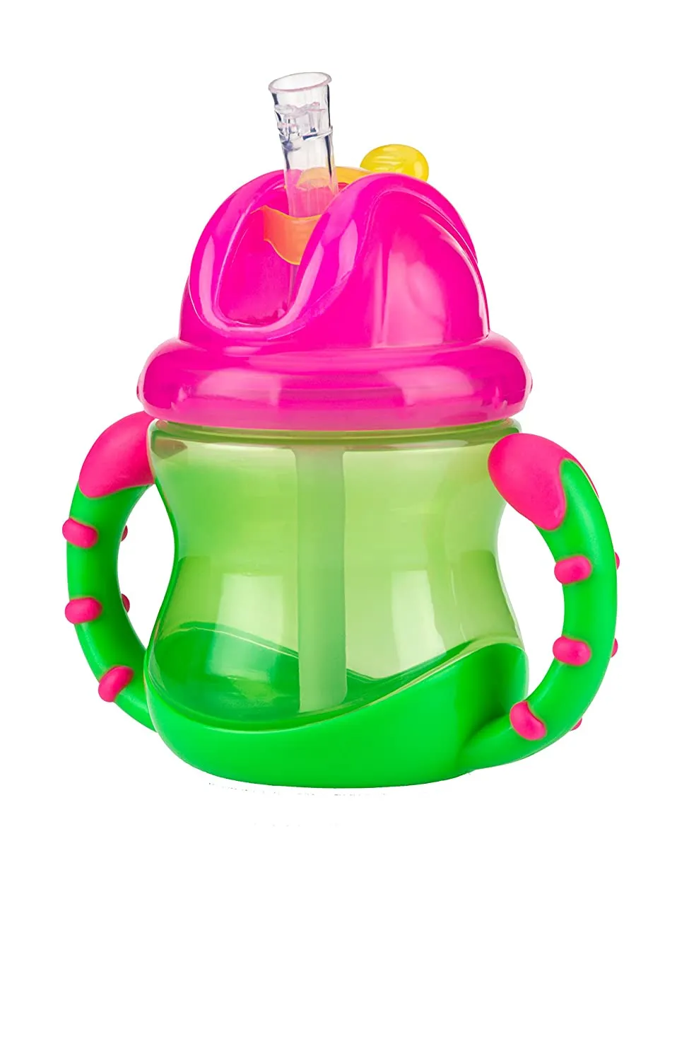 Nuby Two-Handle Flip N' Sip Straw Cup, 8 Ounce, Green with Pink