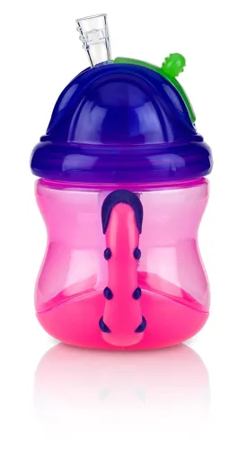 Nuby Two-Handle Flip N' Sip Straw Cup, 8 Ounce, Pink with Purple