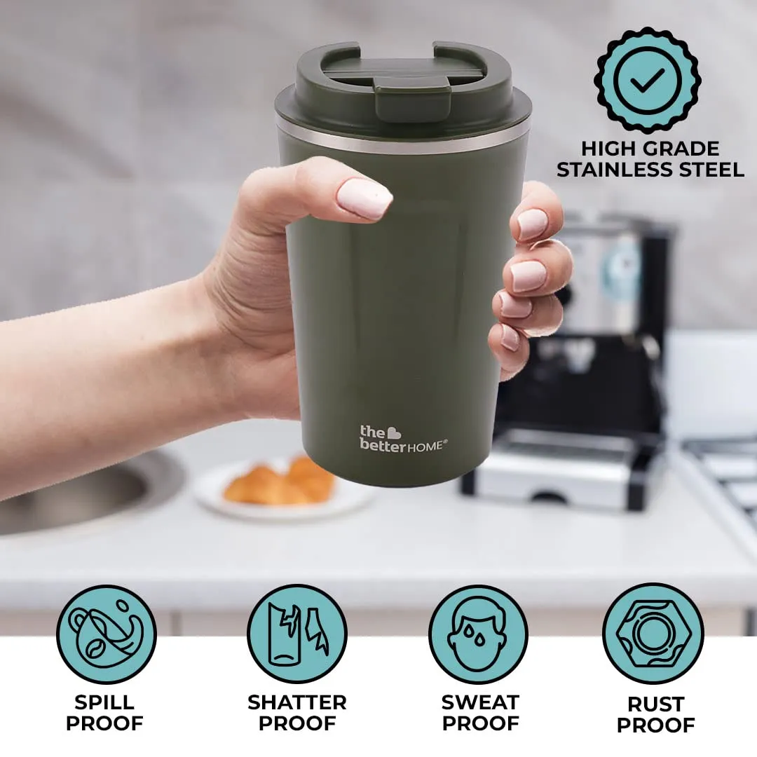 The Better Home 380 ml Insulated Coffee Cup Tumbler | Double Walled 304 Stainless Steel | Leakproof | Spillproof Silicone Rim | 6 hrs hot & Cold | BPA Free | Perfect for Home & Office | Blue (Green)