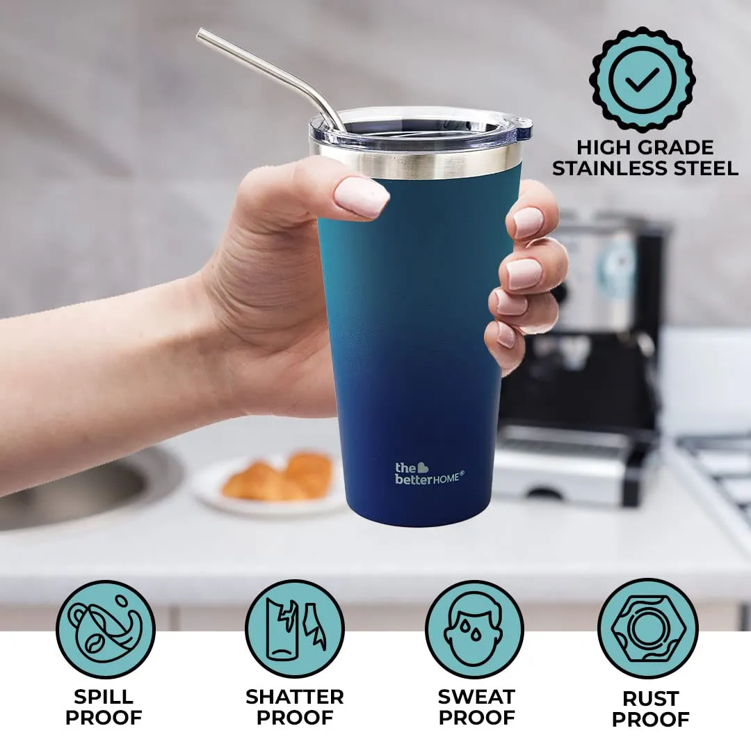 The Better Home 450 ml Insulated Coffee Cup Tumbler with Transparent Lid & Straw | Double Walled 304 Stainless Steel | Leakproof | 6 hrs hot & cold | Perfect For Travel, Home & Office | Aqua-Blue