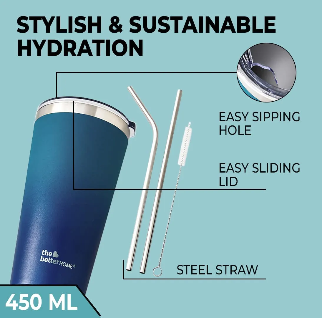 The Better Home 450 ml Insulated Coffee Cup Tumbler with Transparent Lid & Straw | Double Walled 304 Stainless Steel | Leakproof | 6 hrs hot & cold | Perfect For Travel, Home & Office | Aqua-Blue