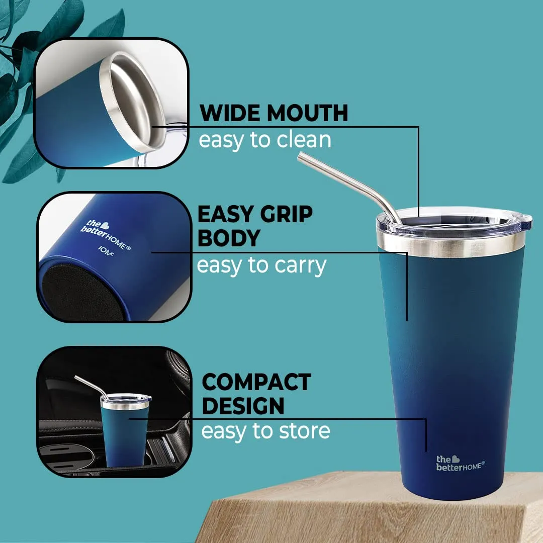 The Better Home 450 ml Insulated Coffee Cup Tumbler with Transparent Lid & Straw | Double Walled 304 Stainless Steel | Leakproof | 6 hrs hot & cold | Perfect For Travel, Home & Office | Aqua-Blue