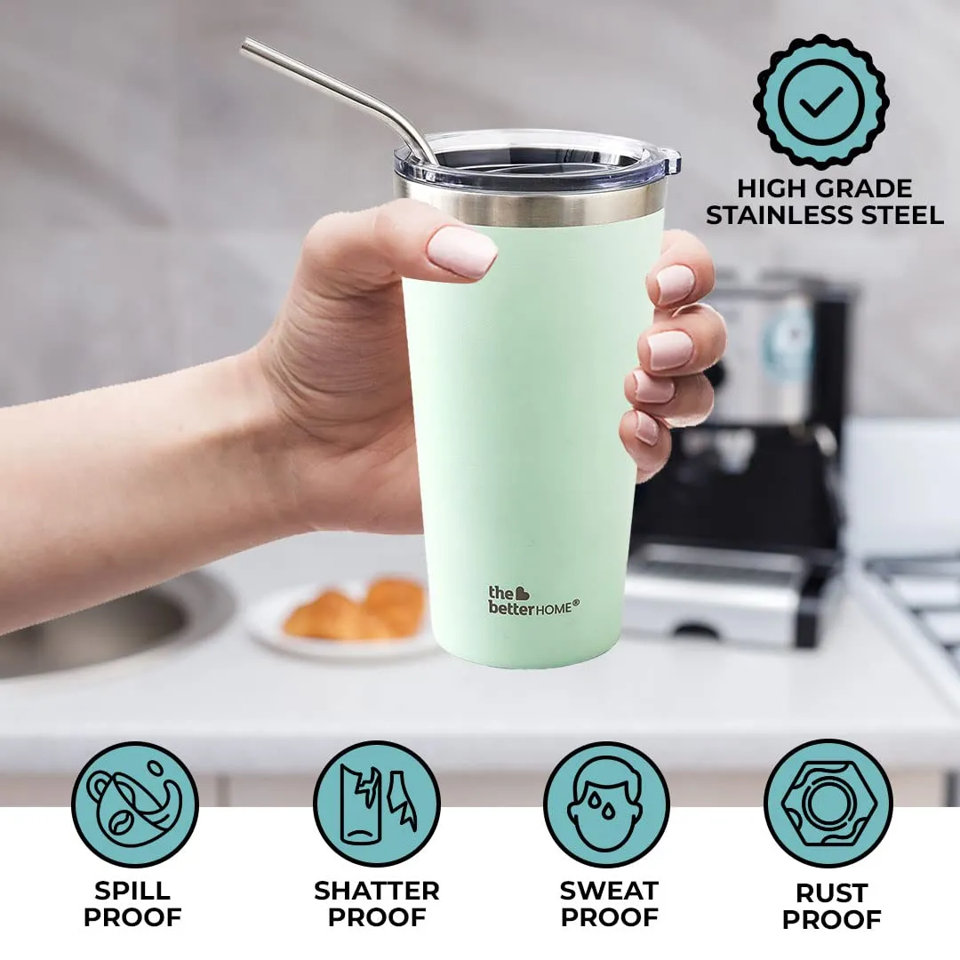 The Better Home 450 ml Insulated Coffee Cup Tumbler with Transparent Lid & Straw | Double Walled 304 Stainless Steel | Leakproof | 6 hrs hot & cold | Perfect For Travel, Home & Office | Green