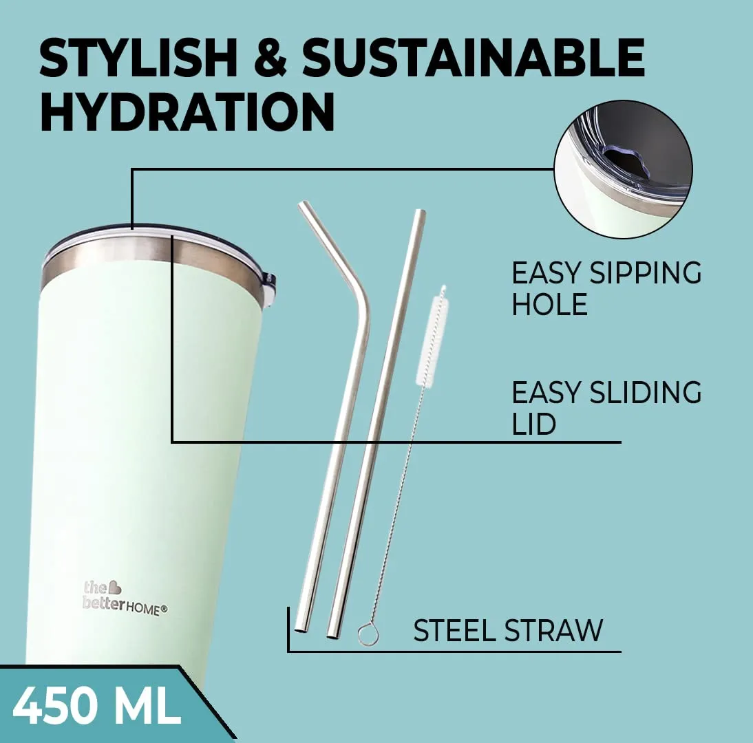 The Better Home 450 ml Insulated Coffee Cup Tumbler with Transparent Lid & Straw | Double Walled 304 Stainless Steel | Leakproof | 6 hrs hot & cold | Perfect For Travel, Home & Office | Green