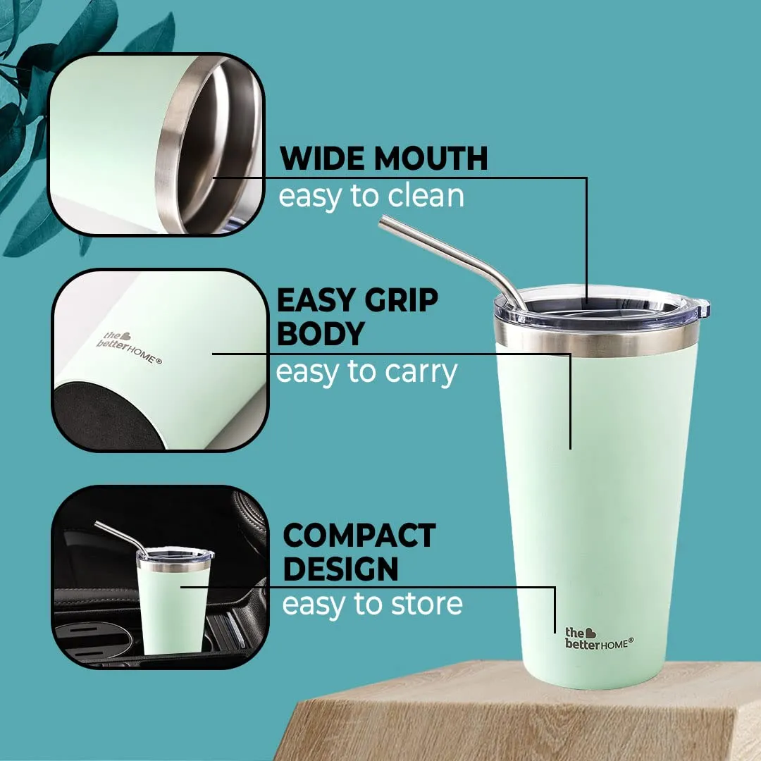 The Better Home 450 ml Insulated Coffee Cup Tumbler with Transparent Lid & Straw | Double Walled 304 Stainless Steel | Leakproof | 6 hrs hot & cold | Perfect For Travel, Home & Office | Green