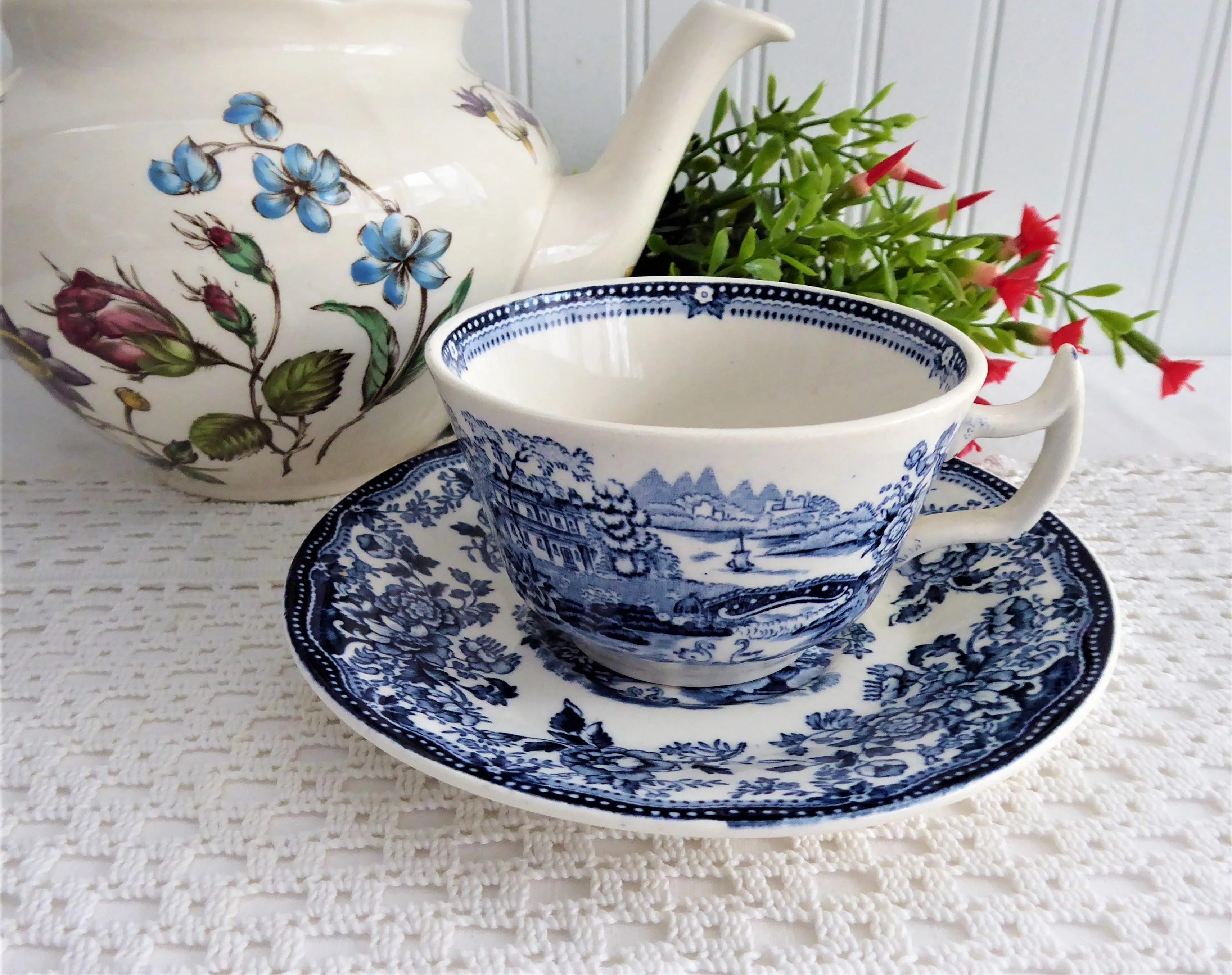 Tonquin Blue Transferware Cup And Saucer 1960s Ironstone Royal Staffordshire Clarice Cliff