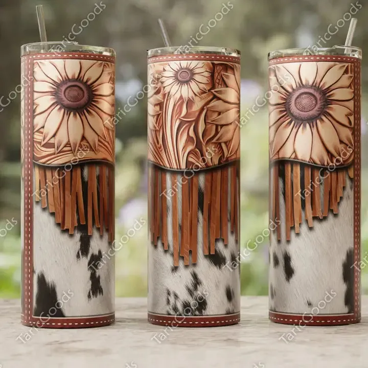 Tooled Sunflower Cowhide Western Skinny 20oz Tumbler