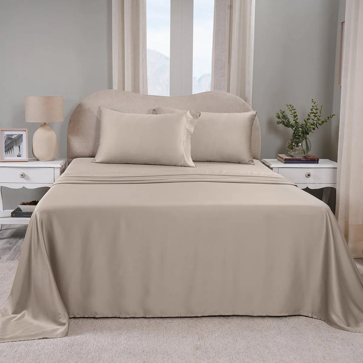 Vintage Noemi Solid 100%Tencel Neutral Bed Sheet With Pillow Case